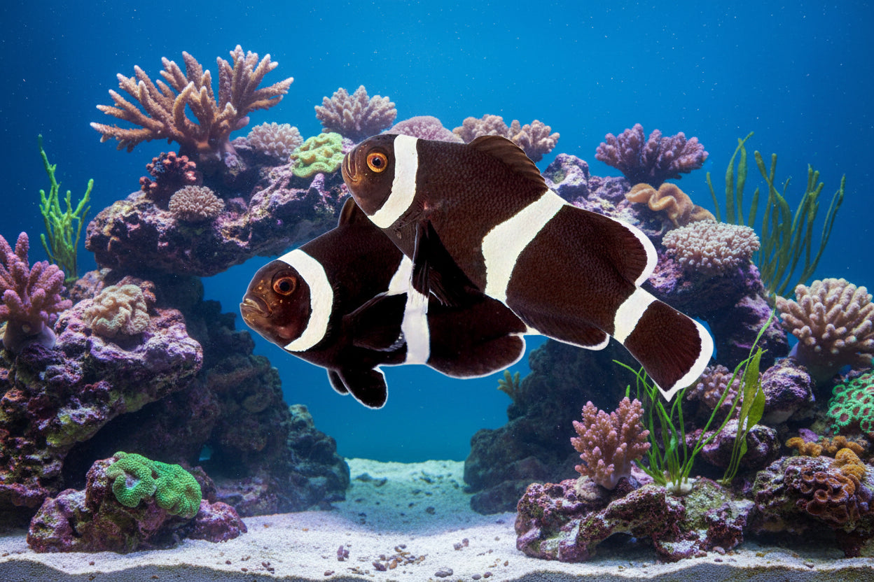 2-Pack Black Ocellaris Clownfish β Tank Bred, Reef Safe Live Saltwater Aquarium Fish