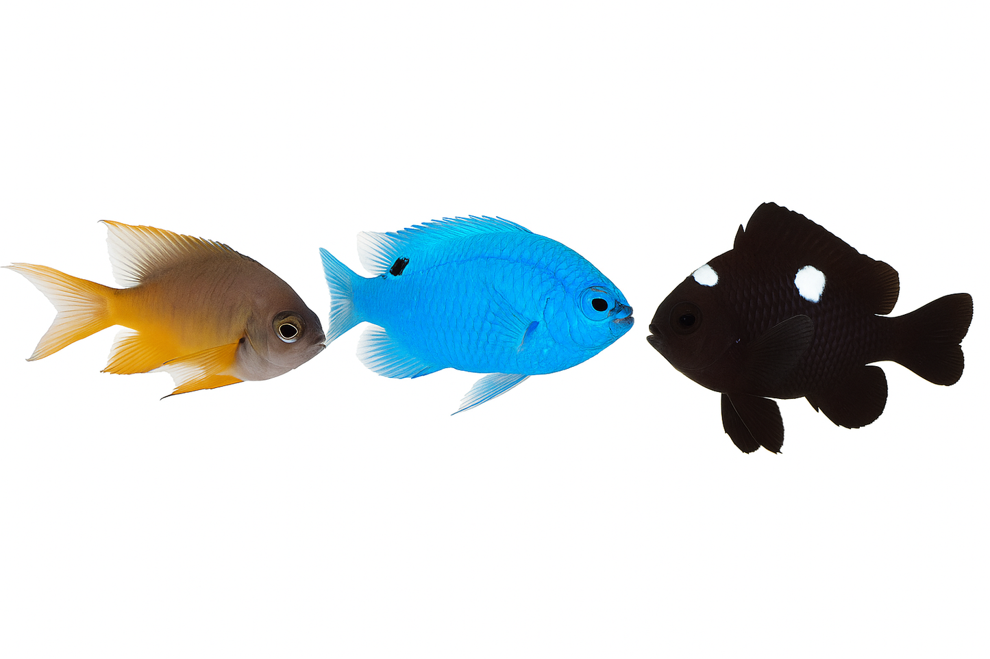 3-Pack Live Saltwater Damsels – Black & Gold, Blue, and Domino Mix Set